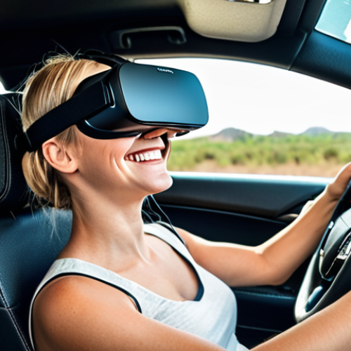 Home 15 **Image Prompt:** A person in a VR headset smiles while virtually driving a car. Emphasize rehabilitation context, displaying progress charts and gamified elements in the background. The scene should convey motivation and engagement.