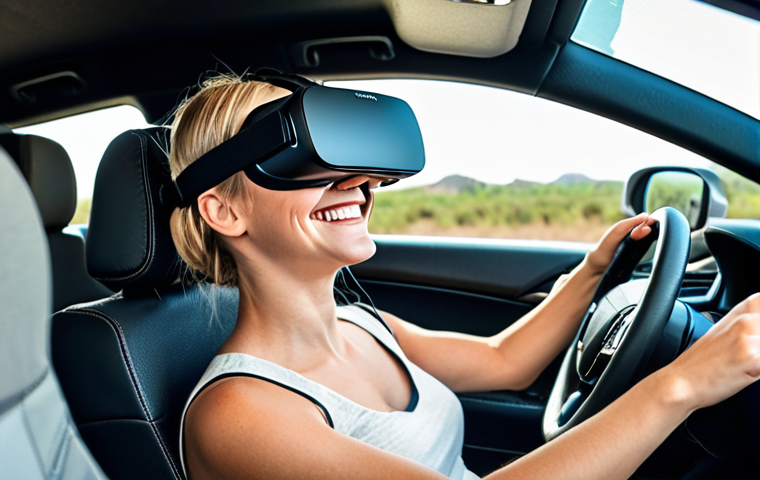 **Image Prompt:** A person in a VR headset smiles while virtually driving a car. Emphasize rehabilitation context, displaying progress charts and gamified elements in the background. The scene should convey motivation and engagement.