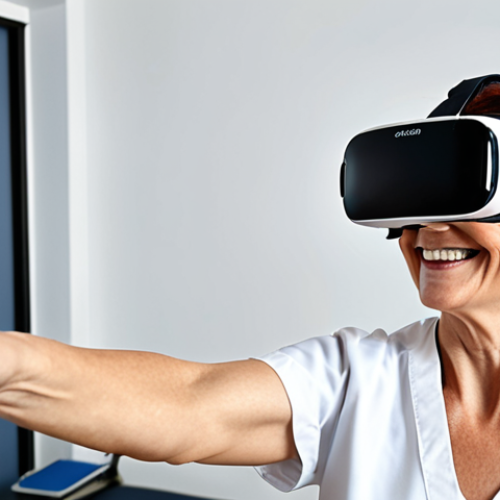 Home 14 A patient in a physiotherapy clinic, wearing a VR headset, smiling and reaching for a virtual object. The setting should look modern and well-equipped, emphasizing the integration of VR technology in rehabilitation. The patient should be middle-aged.