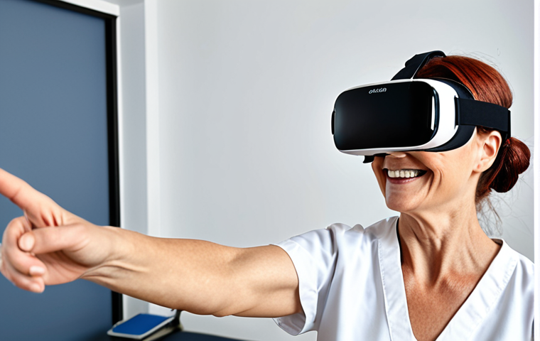 A patient in a physiotherapy clinic, wearing a VR headset, smiling and reaching for a virtual object. The setting should look modern and well-equipped, emphasizing the integration of VR technology in rehabilitation. The patient should be middle-aged.