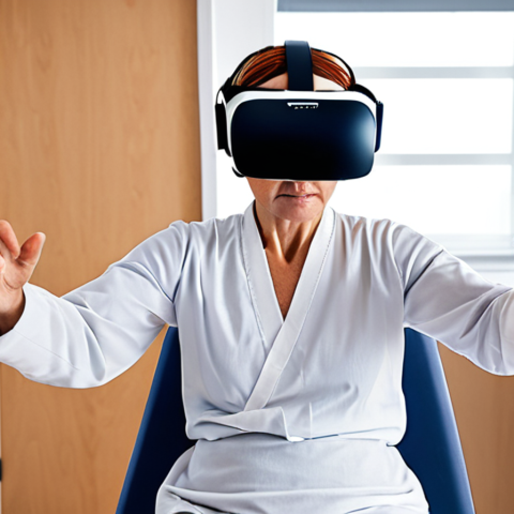 **VR Rehabilitation Session:** A patient wearing a VR headset performs rehabilitation exercises in a virtual environment. The scene focuses on upper body movement, simulating a cooking task. Modern rehabilitation clinic setting.