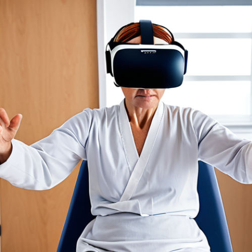 Home 7 **VR Rehabilitation Session:** A patient wearing a VR headset performs rehabilitation exercises in a virtual environment. The scene focuses on upper body movement, simulating a cooking task. Modern rehabilitation clinic setting.