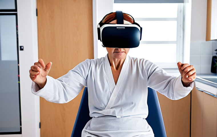 **VR Rehabilitation Session:** A patient wearing a VR headset performs rehabilitation exercises in a virtual environment. The scene focuses on upper body movement, simulating a cooking task. Modern rehabilitation clinic setting.