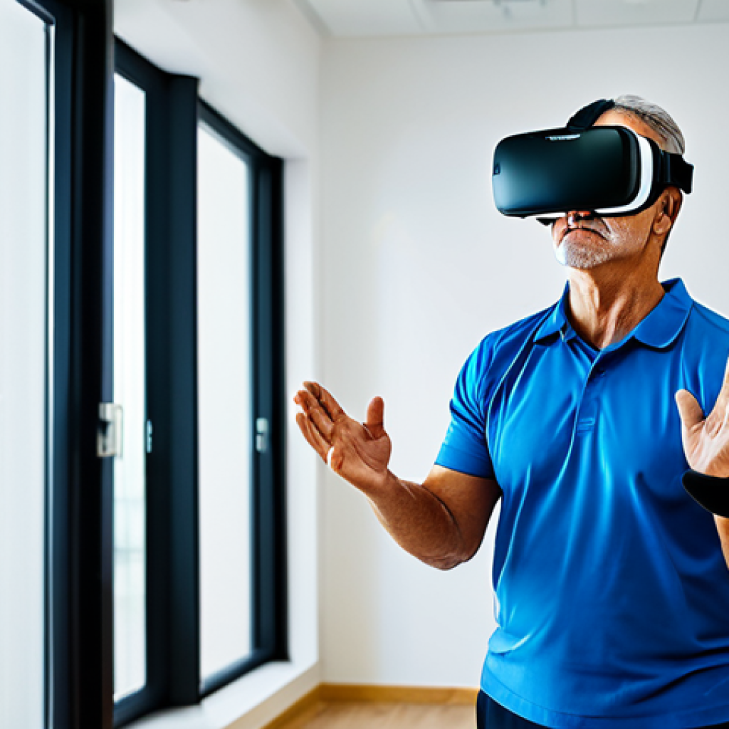 A middle-aged patient, fully clothed in modest athletic wear, deeply immersed in a virtual reality rehabilitation session. They are wearing a modern VR headset and holding motion controllers, performing an exercise that involves reaching for virtual objects. The setting is a clean, brightly lit, state-of-the-art rehabilitation clinic with advanced medical equipment in the background. The image captures the patient's focus and engagement. Professional photography, high-resolution, sharp focus, natural lighting, perfect anatomy, correct proportions, natural pose, well-formed hands, proper finger count. safe for work, appropriate content, fully clothed, professional, modest.