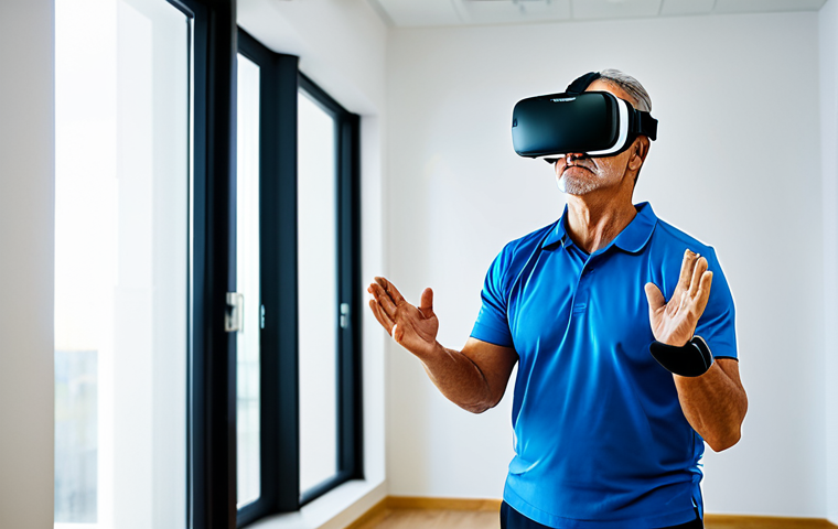A middle-aged patient, fully clothed in modest athletic wear, deeply immersed in a virtual reality rehabilitation session. They are wearing a modern VR headset and holding motion controllers, performing an exercise that involves reaching for virtual objects. The setting is a clean, brightly lit, state-of-the-art rehabilitation clinic with advanced medical equipment in the background. The image captures the patient's focus and engagement. Professional photography, high-resolution, sharp focus, natural lighting, perfect anatomy, correct proportions, natural pose, well-formed hands, proper finger count. safe for work, appropriate content, fully clothed, professional, modest.