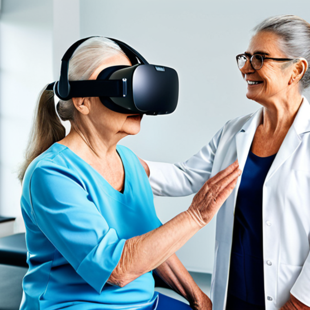 **
"A physiotherapist guiding a senior woman using VR for rehabilitation exercises in a modern clinic, fully clothed in modest activewear, safe for work, appropriate content, perfect anatomy, correct proportions, well-formed hands, professional setting, bright and clean environment, high quality."
**