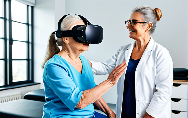 **

"A physiotherapist guiding a senior woman using VR for rehabilitation exercises in a modern clinic, fully clothed in modest activewear, safe for work, appropriate content, perfect anatomy, correct proportions, well-formed hands, professional setting, bright and clean environment, high quality."

**
