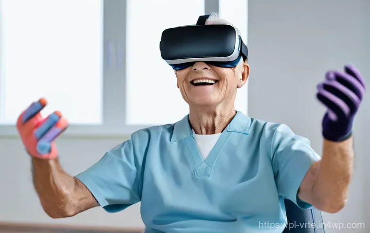 가상현실 재활치료의 스크리닝 프로세스 - **"Elderly Patient Engaged in VR Physiotherapy"**
    A bright, clean, modern rehabilitation clinic....
