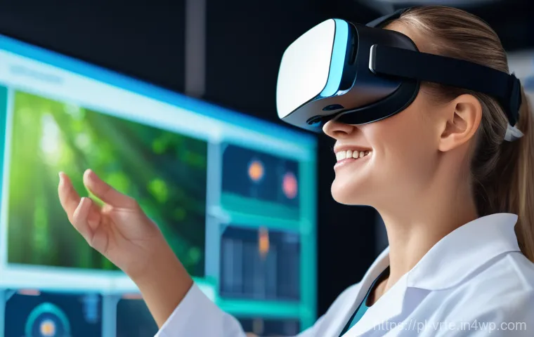 가상현실 재활치료의 상호작용 설계 - **Prompt: "A young adult patient, wearing a sleek, modern VR headset and athletic clothing, is activ...