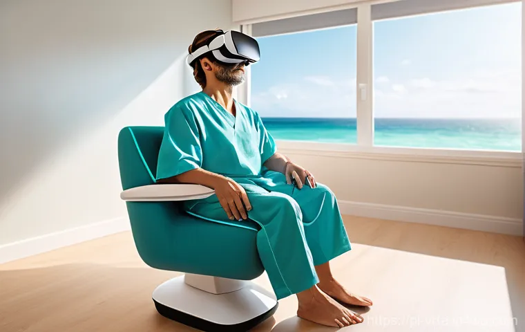 가상현실 재활치료의 상호작용 설계 - **Prompt: "A young adult patient, wearing a sleek, modern VR headset and athletic clothing, is activ...
