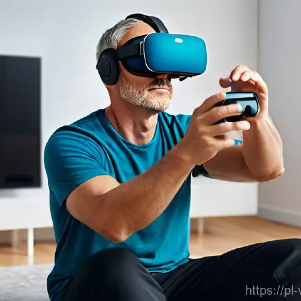 VR 재활치료의 최신 동향 - **Prompt:** A focused male adult in his late 40s, wearing modern, sleek virtual reality goggles and ...