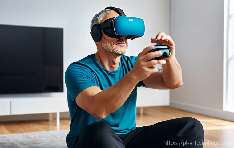 VR 재활치료의 최신 동향 - **Prompt:** A focused male adult in his late 40s, wearing modern, sleek virtual reality goggles and ...