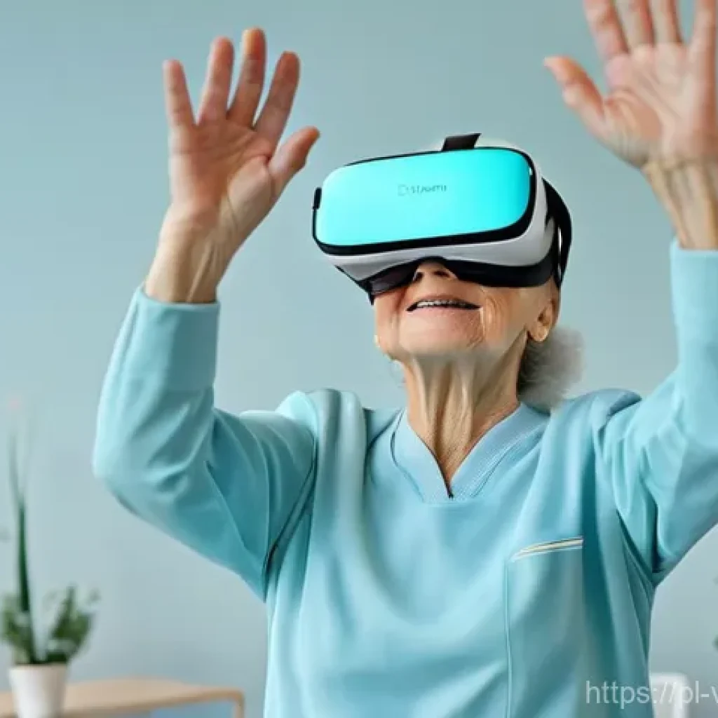 가상현실 재활치료의 발전 방향 - **Prompt:** A heartwarming scene inside a bright, modern rehabilitation clinic in Warsaw, Poland. An...