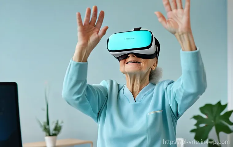 가상현실 재활치료의 발전 방향 - **Prompt:** A heartwarming scene inside a bright, modern rehabilitation clinic in Warsaw, Poland. An...