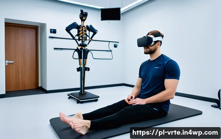 VR 재활치료의 데이터 수집 방법 - A modern rehabilitation therapy room equipped with a patient wearing a full-body motion capture suit...