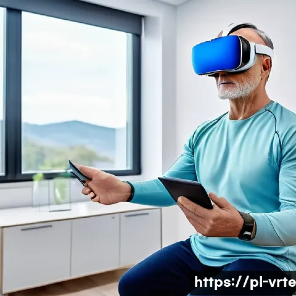 VR 재활치료의 실시간 모니터링 - A modern rehabilitation clinic room featuring a middle-aged Polish patient wearing comfortable sport...