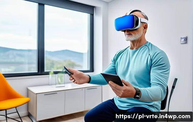 VR 재활치료의 실시간 모니터링 - A modern rehabilitation clinic room featuring a middle-aged Polish patient wearing comfortable sport...