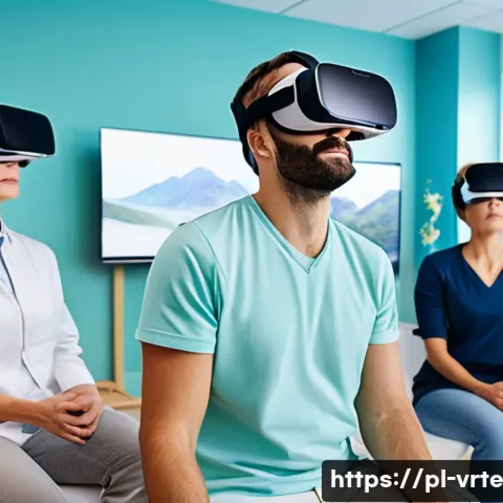 가상현실 재활치료의 심리적 통합 - A diverse group of adult patients engaged in a virtual reality rehabilitation session inside a moder...