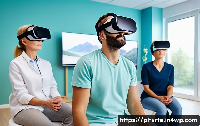 가상현실 재활치료의 심리적 통합 - A diverse group of adult patients engaged in a virtual reality rehabilitation session inside a moder...