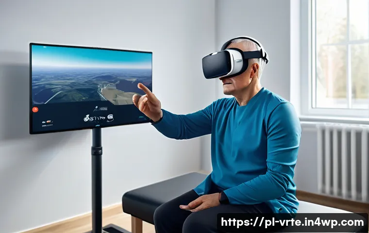 VR 재활치료의 글로벌 동향 - A modern neurological rehabilitation clinic scene featuring a middle-aged Polish patient wearing com...