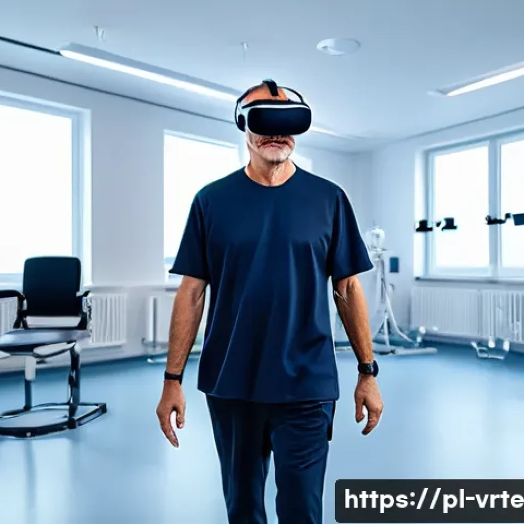 가상현실 재활치료의 다양한 프로그램 - A modern Polish rehabilitation center equipped with advanced VR technology, showing a middle-aged ma...