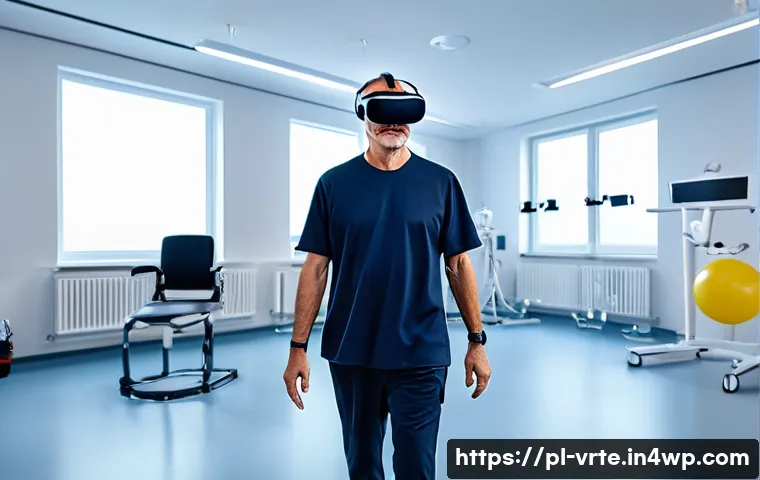 가상현실 재활치료의 다양한 프로그램 - A modern Polish rehabilitation center equipped with advanced VR technology, showing a middle-aged ma...