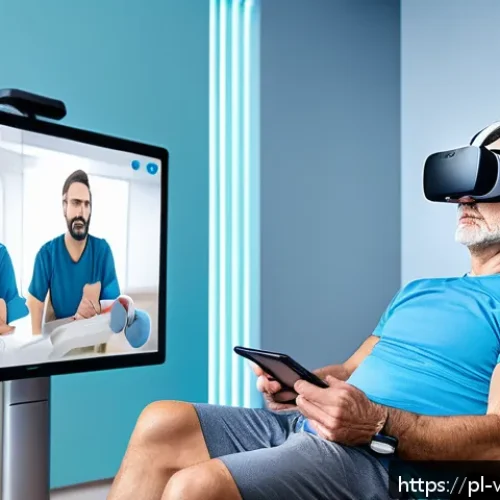 VR 재활치료의 최신 연구 결과 - A modern rehabilitation clinic room in Poland featuring a middle-aged male patient wearing comfortab...