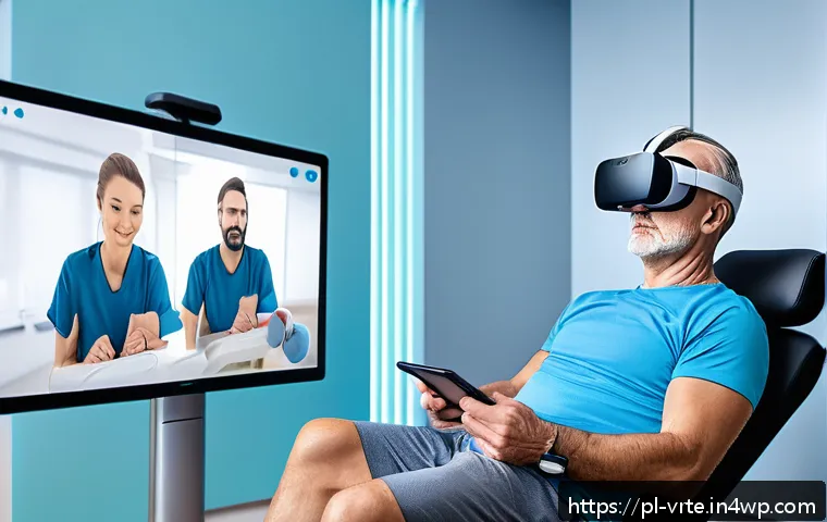 VR 재활치료의 최신 연구 결과 - A modern rehabilitation clinic room in Poland featuring a middle-aged male patient wearing comfortab...