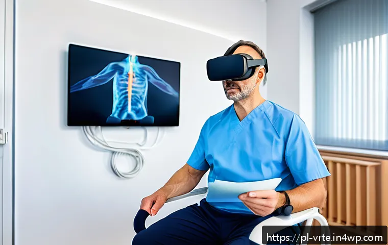 가상현실 재활치료와 사회적 지지 - A modern rehabilitation clinic room featuring a middle-aged Polish stroke patient wearing comfortabl...