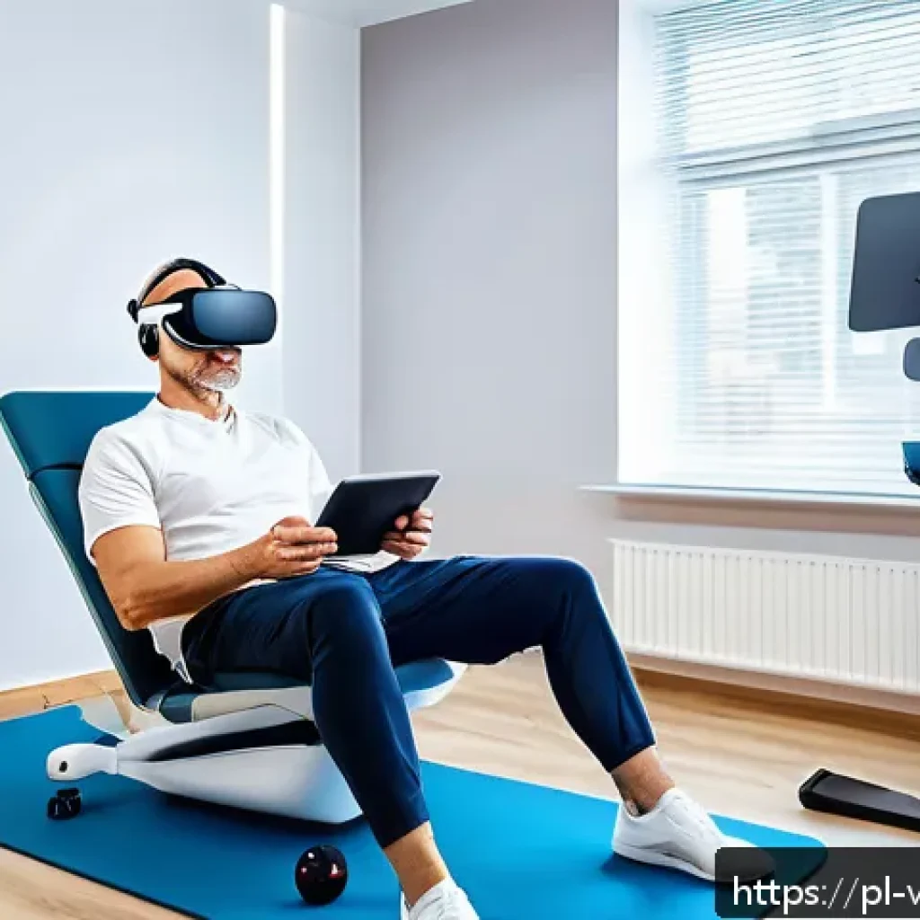 가상현실 재활치료의 미래 기술 - A modern rehabilitation clinic room in Poland featuring a middle-aged male patient wearing comfortab...