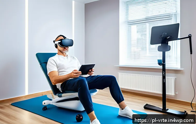 가상현실 재활치료의 미래 기술 - A modern rehabilitation clinic room in Poland featuring a middle-aged male patient wearing comfortab...