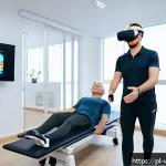 가상현실 재활치료와 신체 기능 회복 - A modern rehabilitation center room featuring a middle-aged Polish patient wearing comfortable athle...