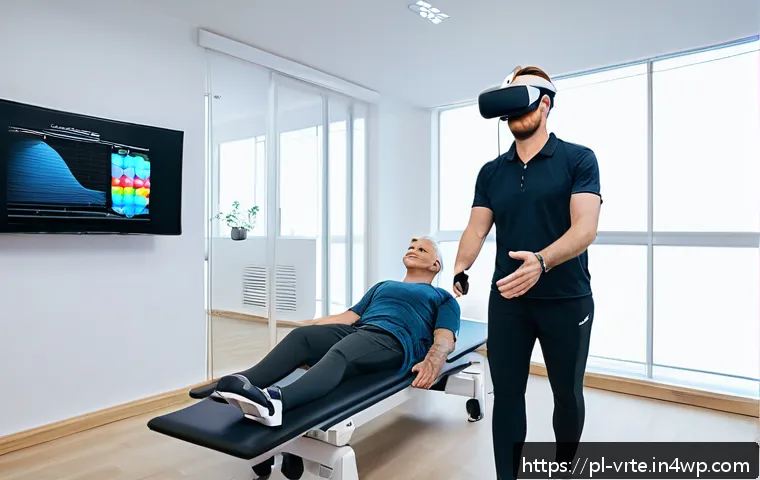 가상현실 재활치료와 신체 기능 회복 - A modern rehabilitation center room featuring a middle-aged Polish patient wearing comfortable athle...