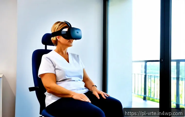 VR을 활용한 통증 관리 기술 - Photorealistic Polish rehabilitation clinic, middle-aged woman wearing a modern VR headset while sea...