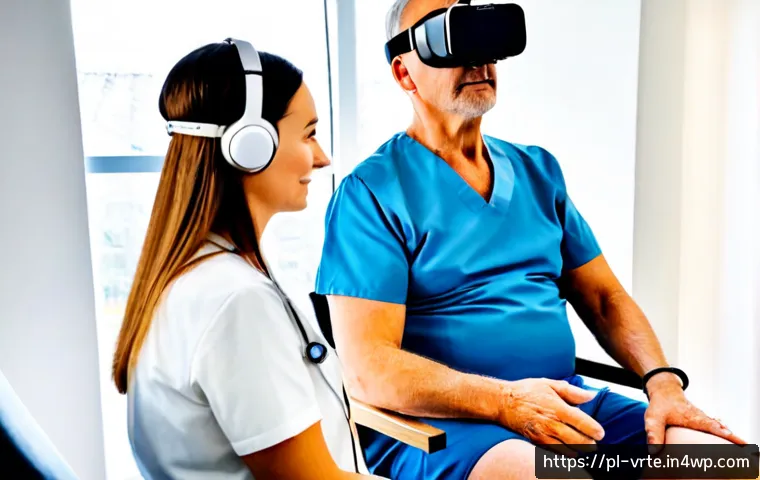 Home 13 가상현실 재활치료의 안전성 - Photorealistic Polish rehabilitation clinic, older adult wearing a secure virtual reality headset wh...